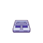 Super Nintendo Entertainment System (SNES) console in light gray with purple sliding power switch and cartridge slot on top, photographed from a front angle on a white background.