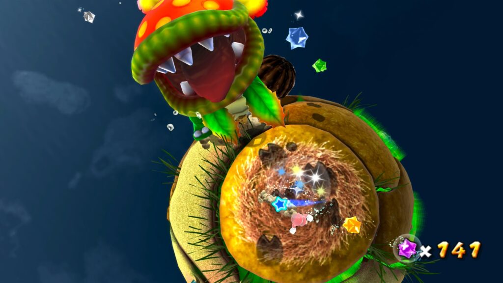 Mario battling Dino Piranha, a giant orange plant boss with a spiked tail, in a grassy arena in Super Mario Galaxy.