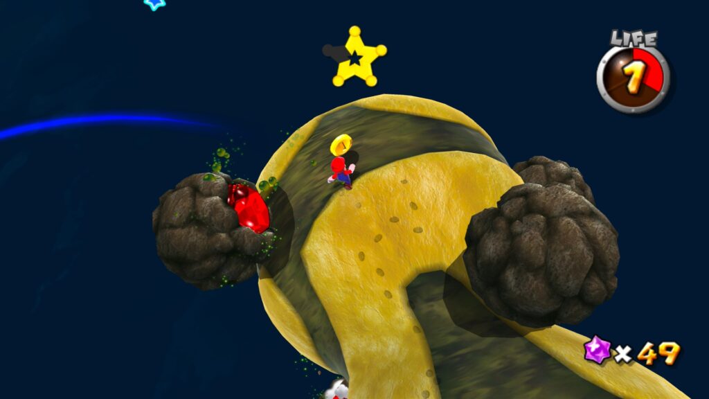 Mario is running around a tiny planet collecting coins.
