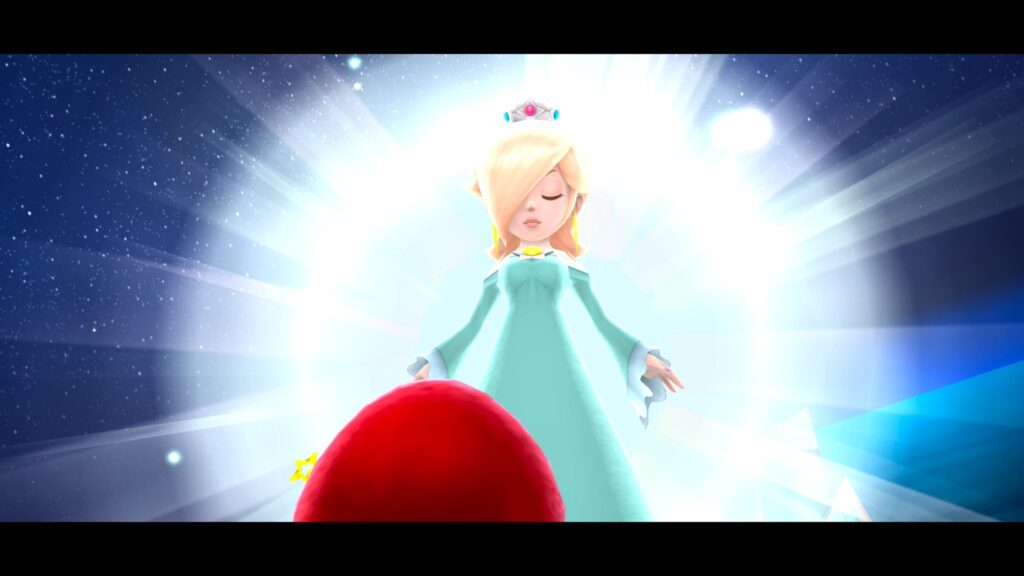 Rosalina from Super Mario Galaxy standing gracefully in a flowing turquoise gown, holding a star wand with Lumas floating around her in outer space.