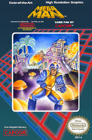 Mega Man NES box art featuring the blue hero in a city holding an arm cannon.