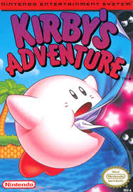 Kirby’s Adventure NES cover featuring Kirby inhaling enemies with colorful stars around him.