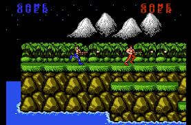 Side-scrolling action showing a soldier shooting enemies while running through a jungle level.