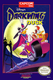 Darkwing Duck NES cover art showing the masked duck hero swinging with a grappling hook.