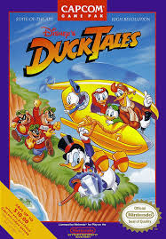 DuckTales NES cover art showing Scrooge McDuck jumping with his cane in a treasure setting.