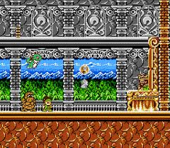 Colorful platforming gameplay showing a small character jumping across platforms and avoiding enemies.