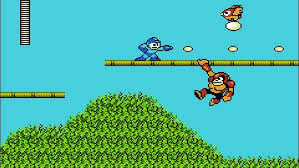 Side-scrolling gameplay showing Mega Man jumping between platforms and firing his arm cannon at enemies.