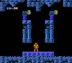 Side-view gameplay of Samus Aran exploring a cavernous alien environment and shooting enemies.