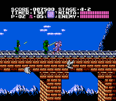 Side-scrolling gameplay of a ninja jumping between platforms and attacking enemies with a sword.