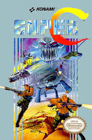 Super C NES cover art showing two soldiers firing weapons with explosions in the background.