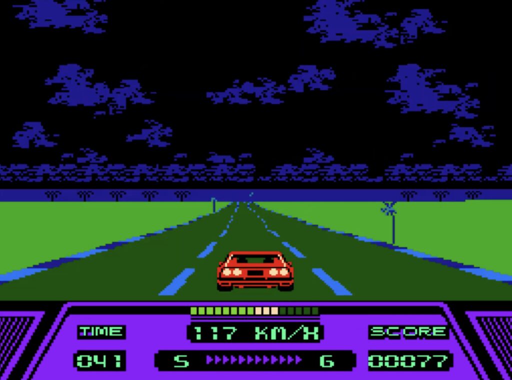 Rad Racer gameplay screenshot on Nintendo Entertainment System showing red sports car driving down highway.