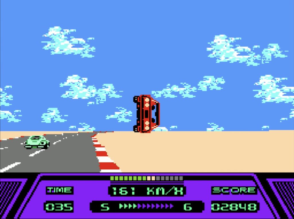 Rad Racer gameplay screenshot on Nintendo Entertainment System showing red sports car crashing.