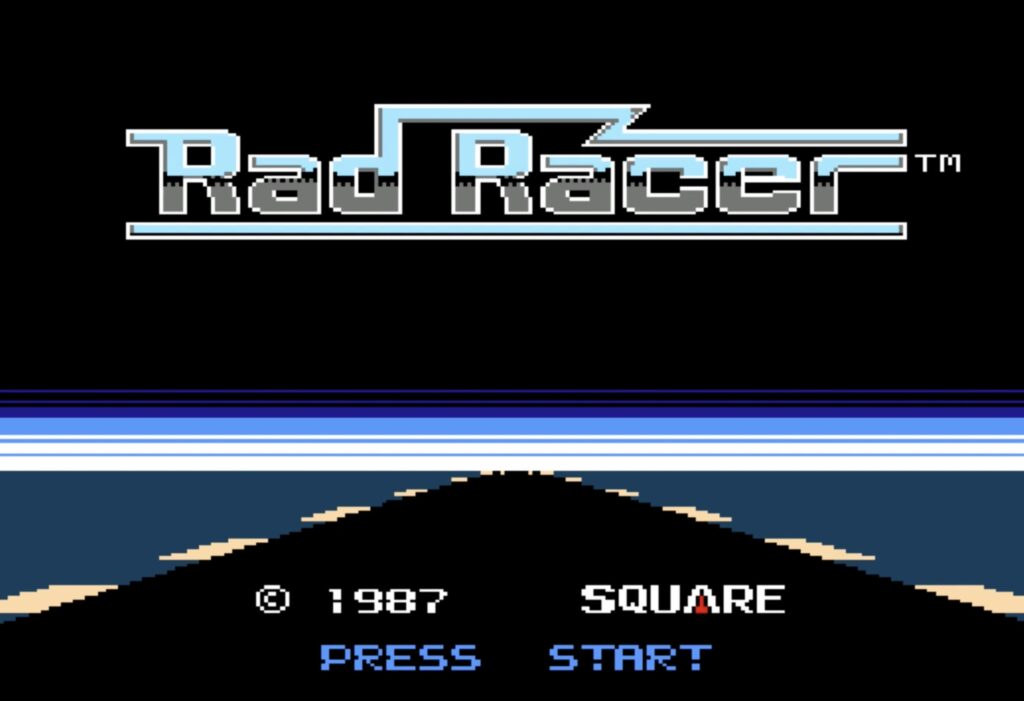 Rad Racer gameplay screenshot on Nintendo Entertainment System showing red sports car driving down highway.