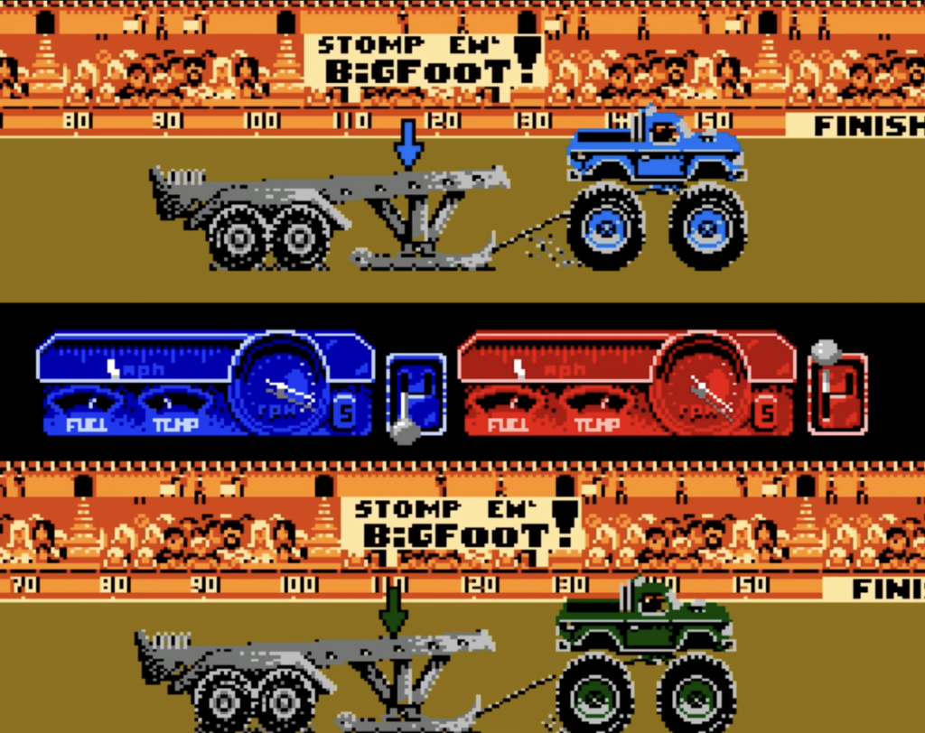 Bigfoot NES Two monster trucks pulling a trailer through the mud drag racing.