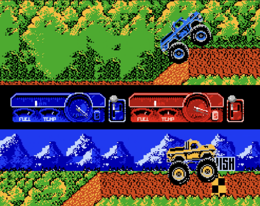 Bigfoot NES Sideview of two monster trucks racing uphill in an 8 bit video game.