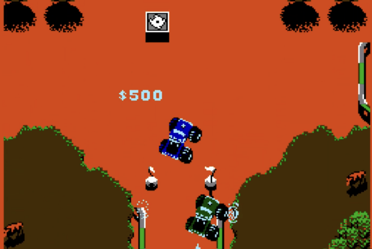 Bigfoot NES Top down view of 8 bit monster trucks racing video game.