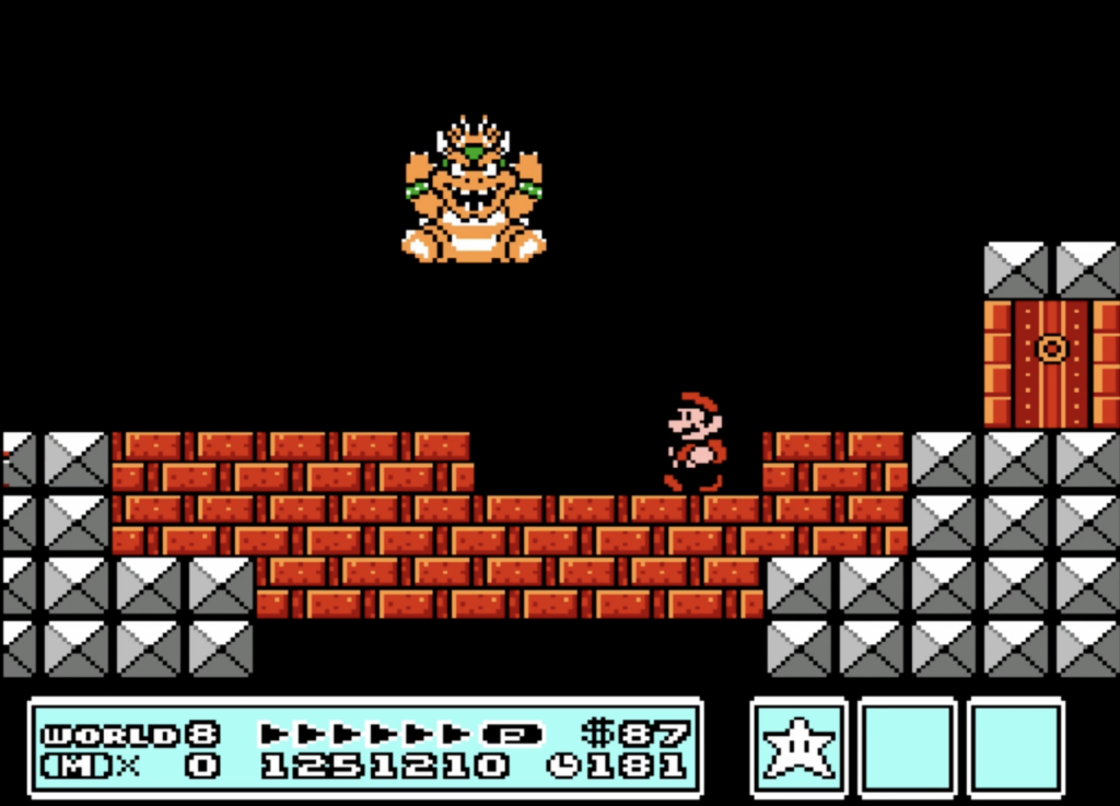 Bowser jumping in the air slamming down to attack Mario.
