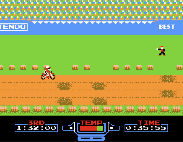 Motorcycle racer is racing through the track nintendo game.