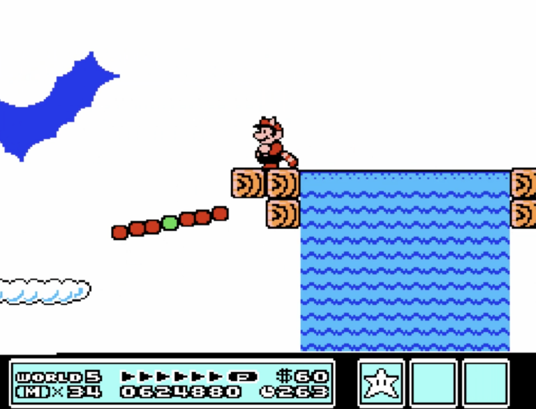 Mario standing next to a waterfall in a sky stage.