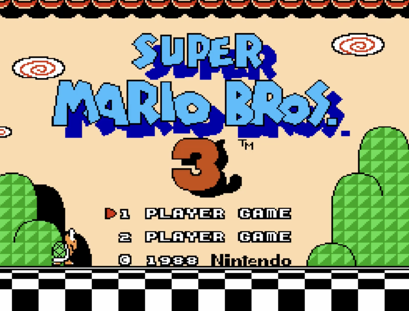 Title screen for Super Mario 3 with a koopa troopa walking and options to select player 1 or 2
