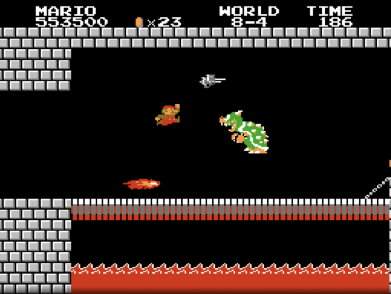 Super Mario is jumping avoiding Bowsers fire balls and hammers on the bridge as Bowser is also jumping.