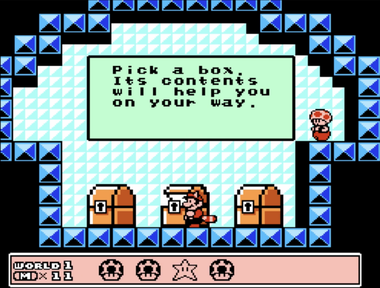Toads house with 3 treasure chests and Mario opening the middle one.