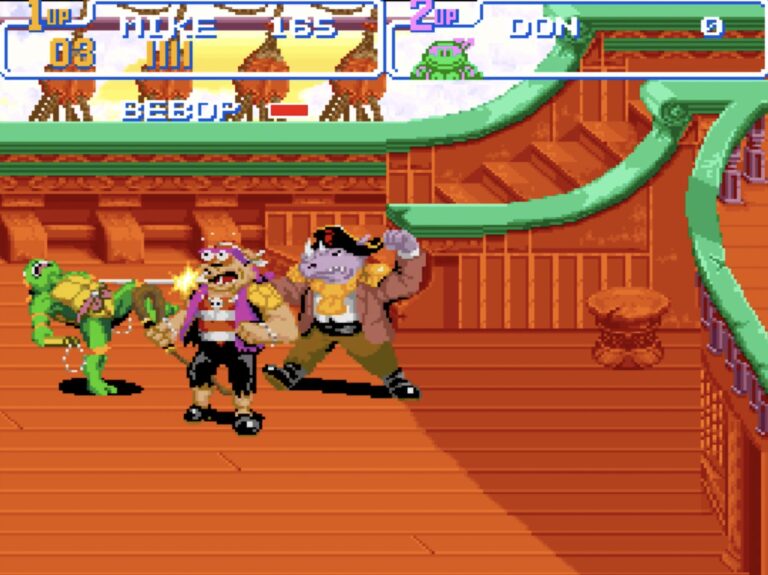 TMNT Turtles In Time boss fight with bebop and rocksteady on a pirate ship they are both fighting Michalangelo.