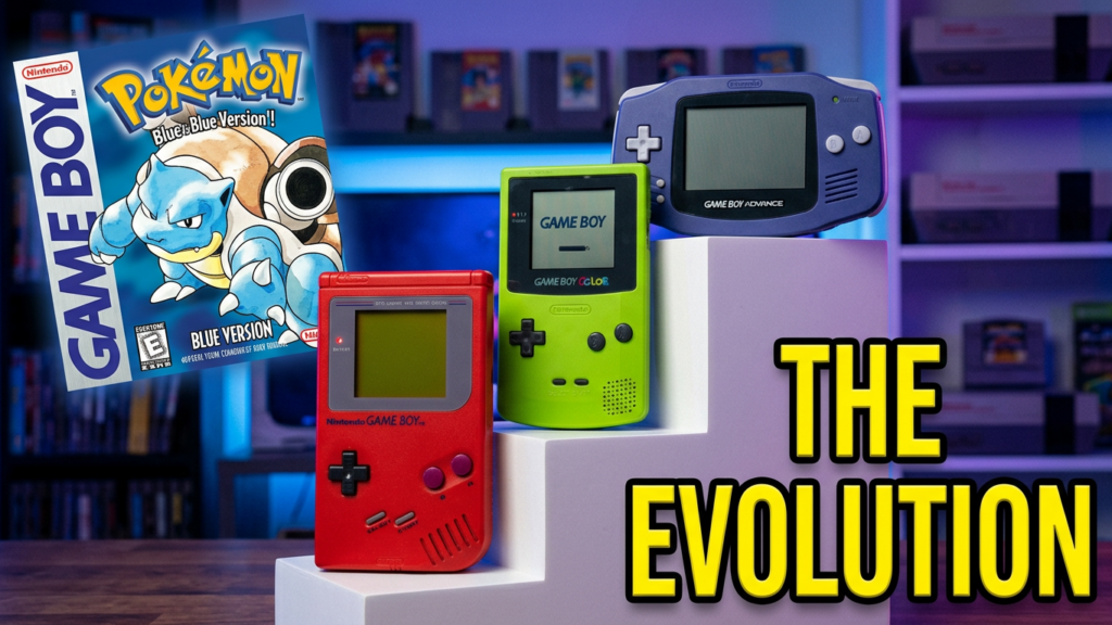 Gameboy, Gameboy Color and Gameboy Advance stacked side by side.