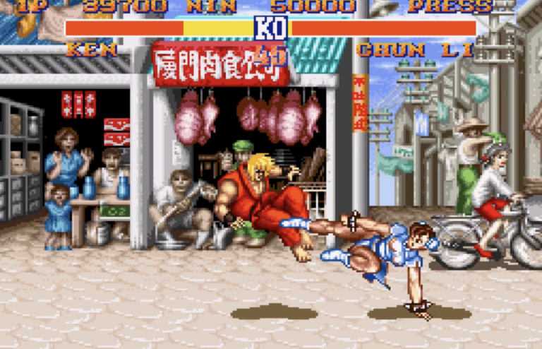 Chun-Li kicking ken in her stage.