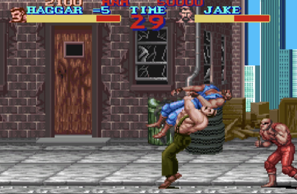 Final Fight SNES Haggar body slamming a bad guy.