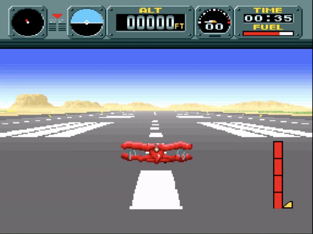Red plane crashed on runway Pilotwings SNES.