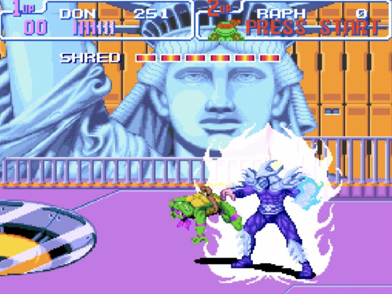 Donnie fighting Super Shredder on a platform in front of the statue of liberty in TMNT Turtles In Time.