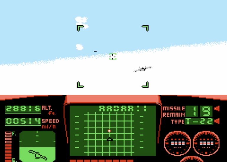 Cockpit POV of a fighter jet in an NES game.