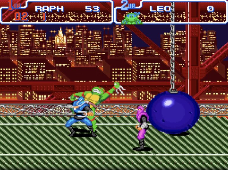TMNT Turtles In Time Raphael fighting foot soldiers at night in NYC on a construction building.