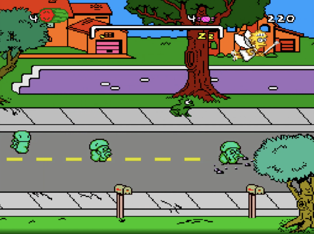The Simpsons: Bart's Nightmare, bart is a frog in the street. Lisa is a fairy flying.