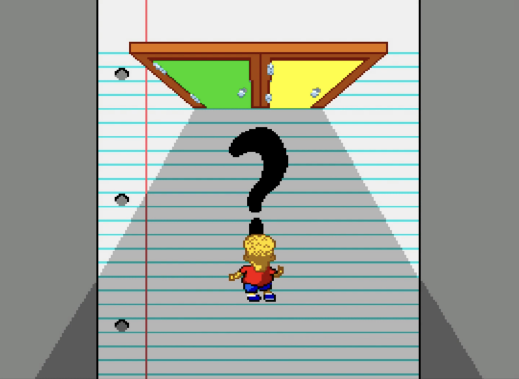 The Simpsons: Bart's Nightmare, a green. door and a yellow door overhead view with Bart deciding and theres a big question mark.