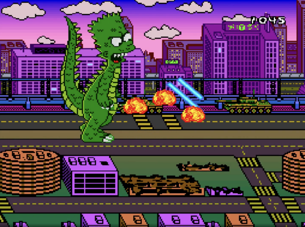 The Simpsons: Bart's Nightmare, Bartzilla is destroying military vehicles rampaging through the city streets.