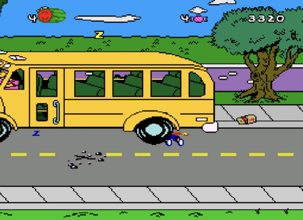 The Simpsons: Bart's Nightmare, Otto driving a school bus and Bart is crushed under the tire in the middle of the street.