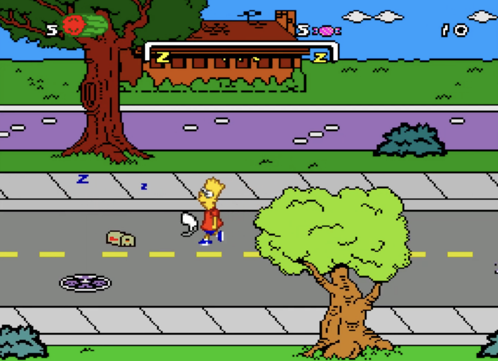 The Simpsons: Bart's Nightmare, Bart is approaching a white piece of paper that is his homework in the middle of the street.