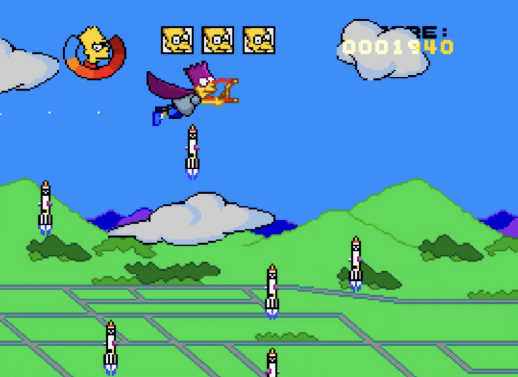 The Simpsons: Bart's Nightmare, Bartman is flying in the sky with his slingshot and missiles are flying upwards beneath him.