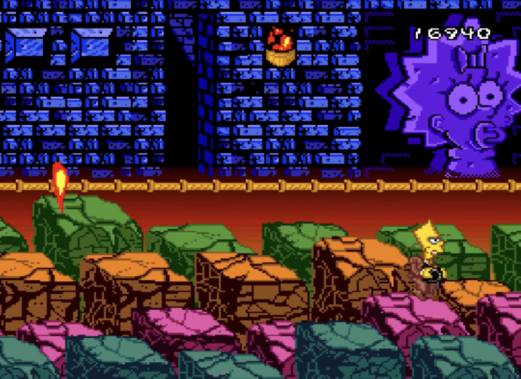 The Simpsons: Bart's Nightmare, Bart is jumping on platforms in a tomb.