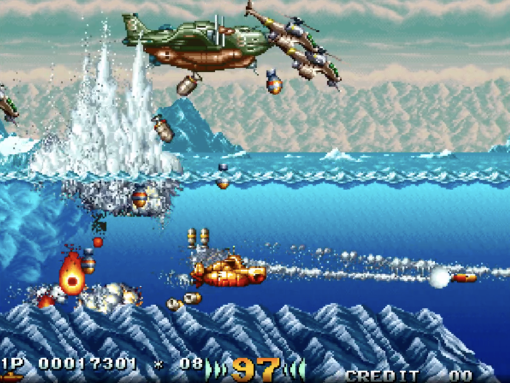 In The Hunt PS1 helicopters and a plane are dropping bombs into the water.