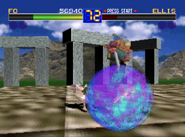 Battle Arena Toshinden Fo is doing his special move on a giant ball.