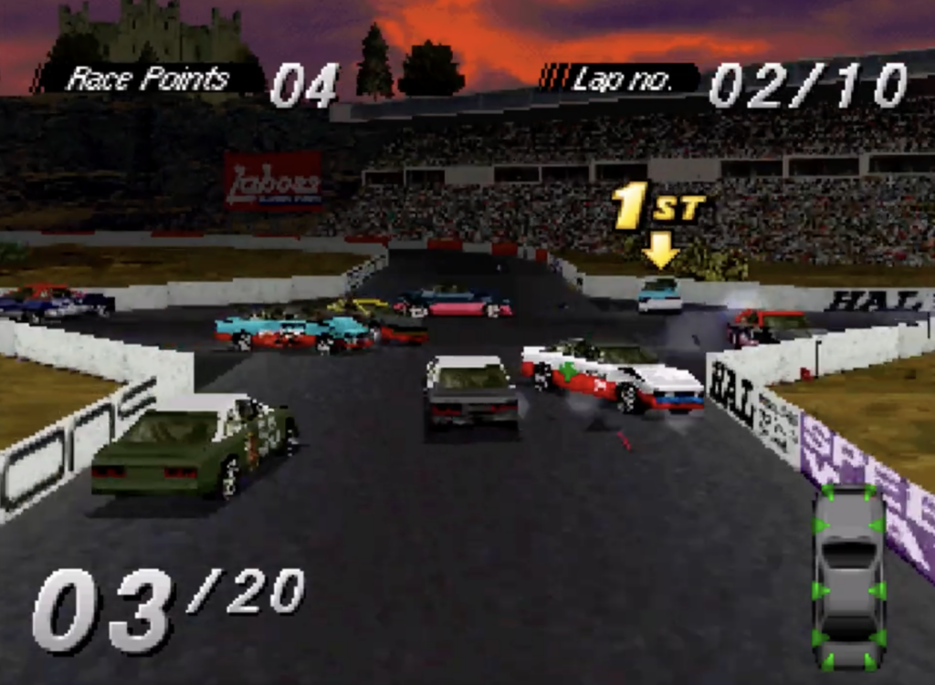Destruction Derby intersection crash with race cars.