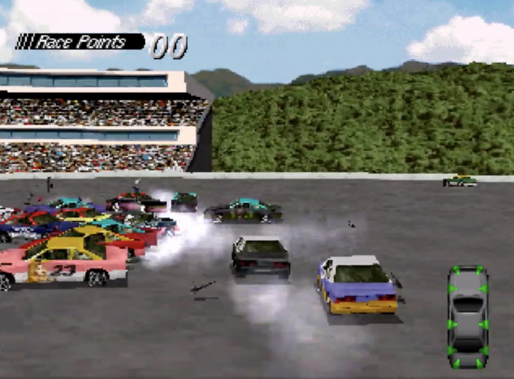 Destruction Derby arena with a pile up of cars in the middle.