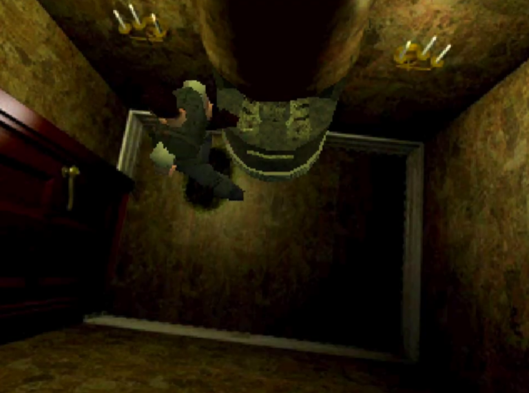 Resident Evil, overhead view of Chris in small room.