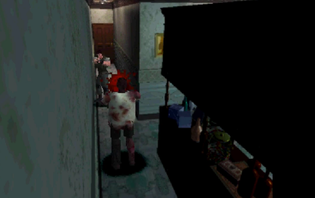 Resident Evil, Chris shooting a zombie.