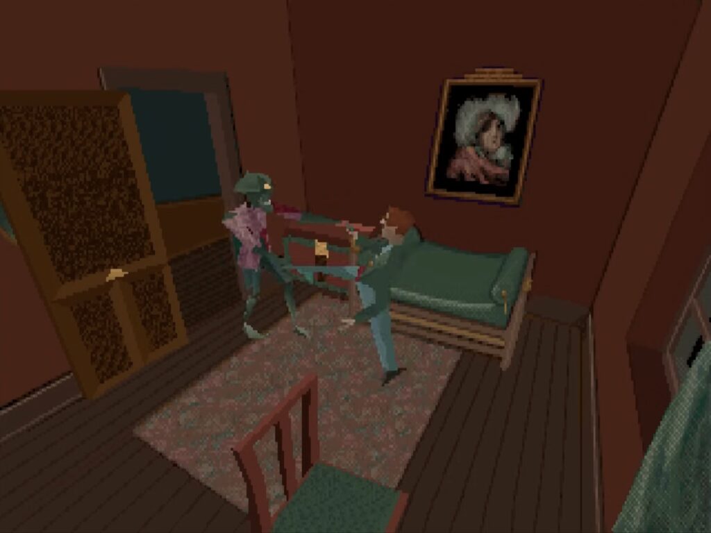 Alone In The Dark, protagonist is kicking a monster in the mid section.