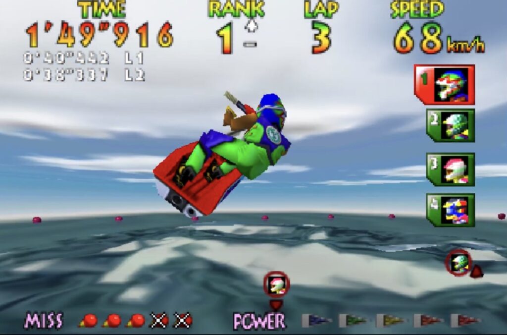 Wave Race 64, jumping a big wave on the jet ski.