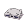 Sega Dreamcast console in light gray with circular orange logo on top, power and reset buttons visible, photographed from a front angle on a white background.
